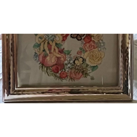 Vintage Handmade Butterfly Wreath Cross Stitch Gold Framed Wall/Stand Decor - Picture 6 of 9